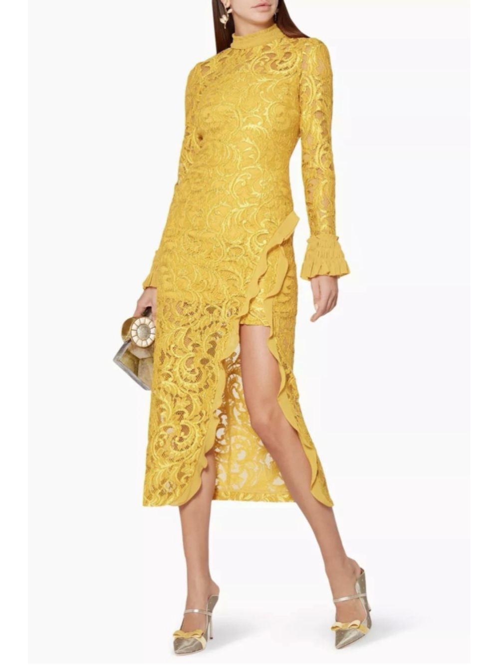 Yellow Lace High-Neck Ruffle Sleeve Dress